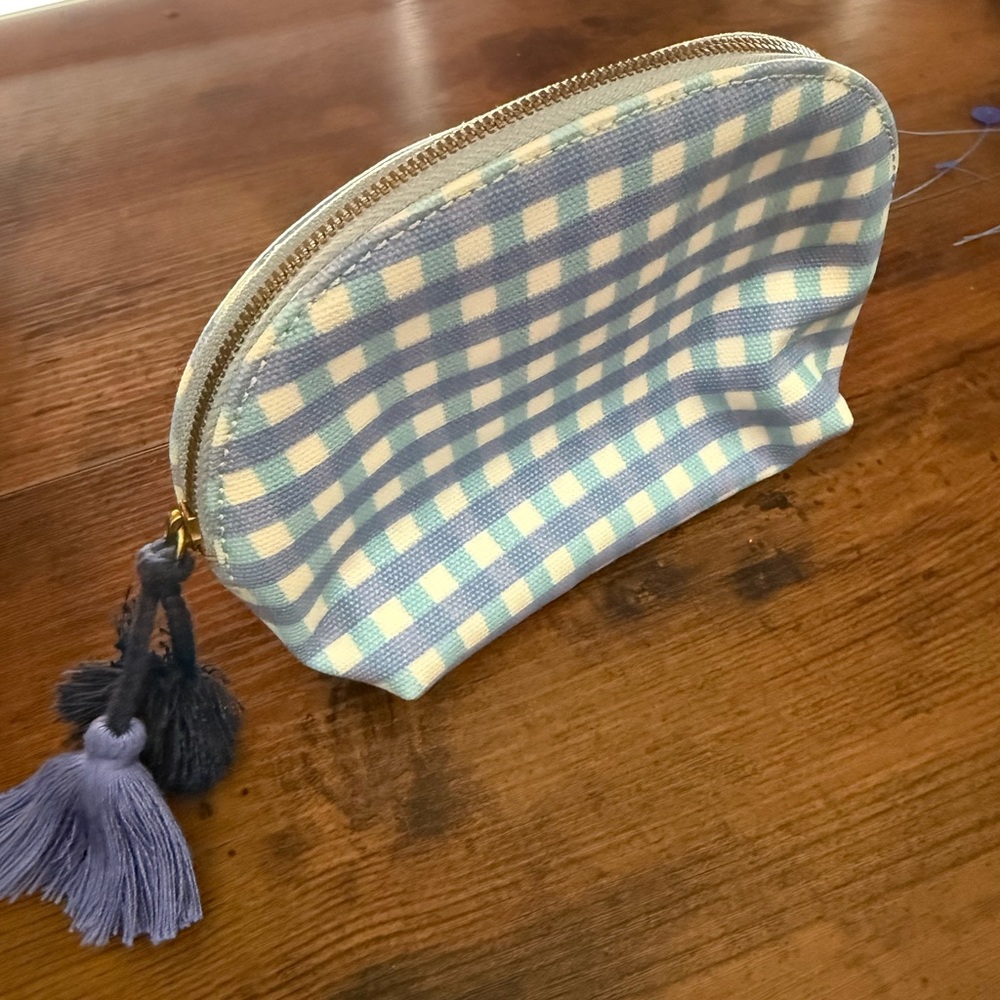 J Crew Makeup pouch in blue gingham print
